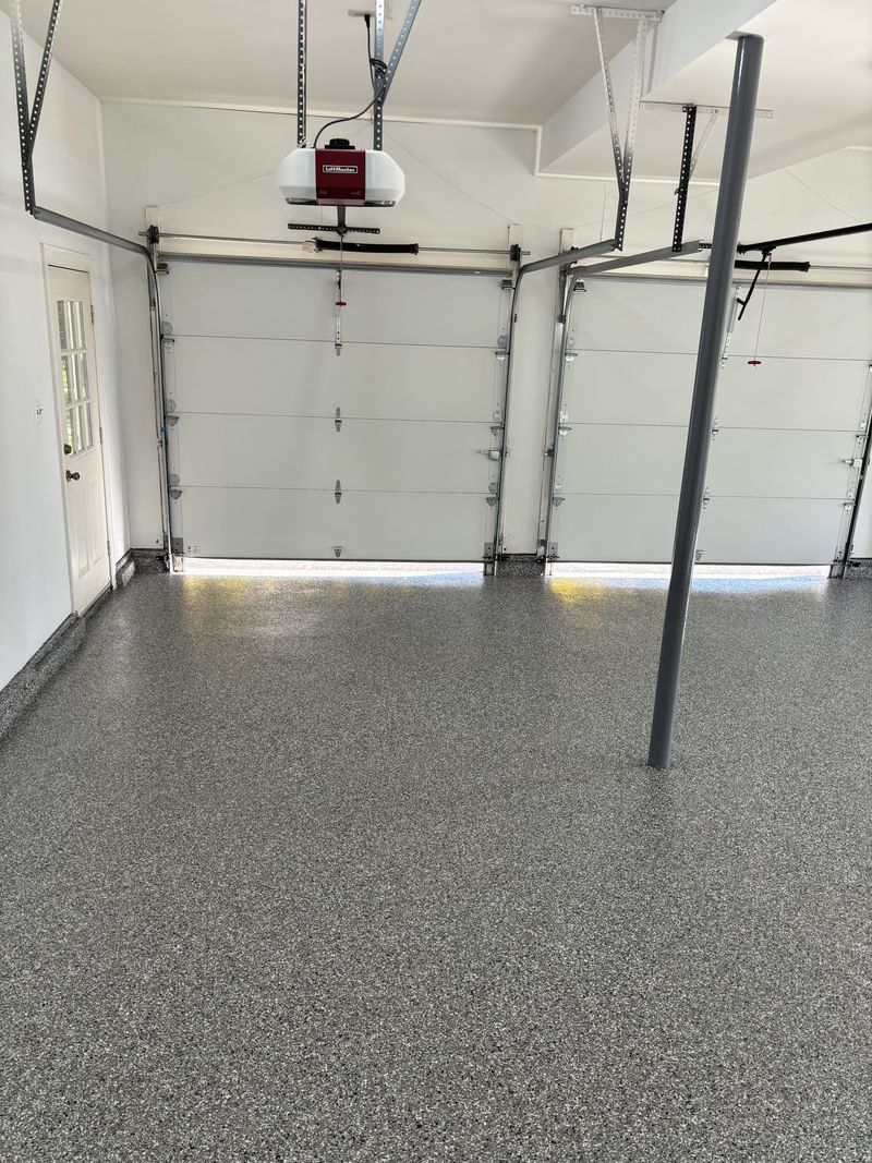 Polyaspartic flake floor coating in a two-car garage, Chester County PA